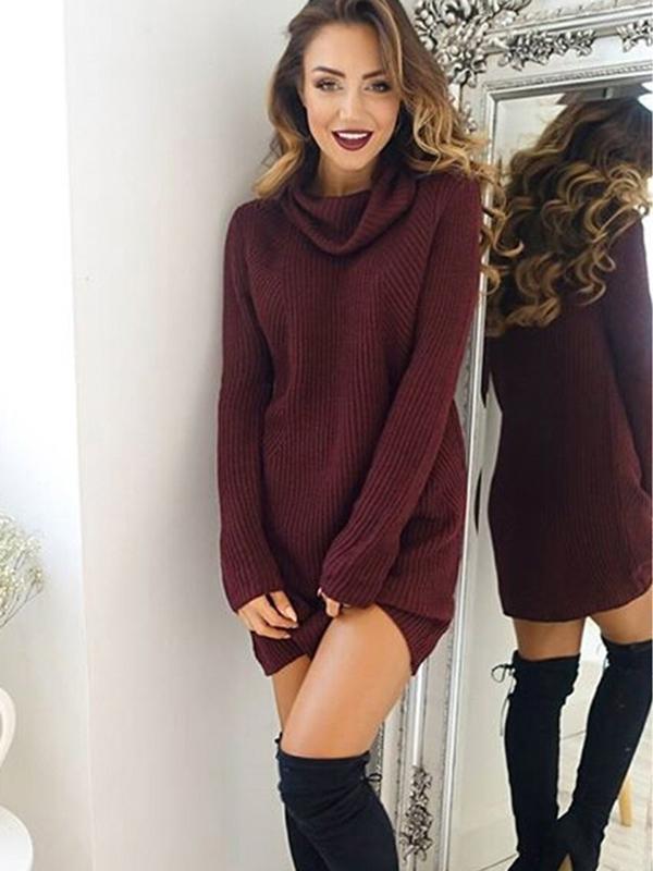 Solid Color Long Sleeve High Collar Sweater Tops