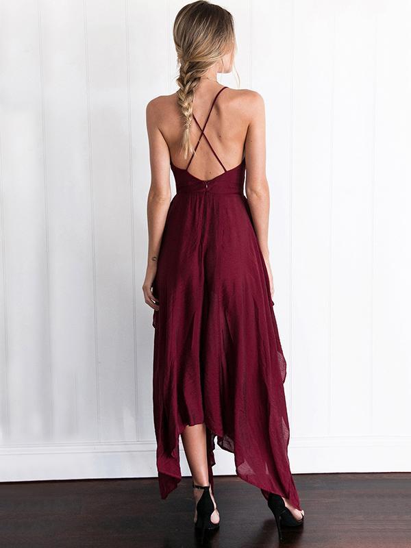 Burgundy Spaghetti-neck Cropped Split-side Maxi Dress