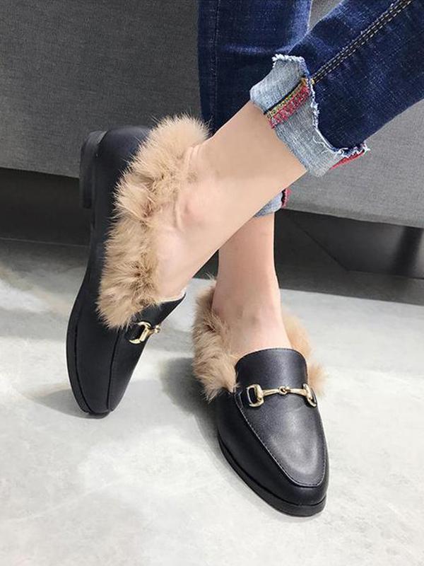 Solid Color Faux Fur Flat Shoes