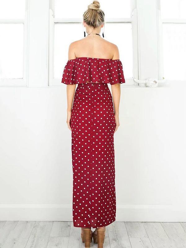 Burgundy Polka-Dot Falbala Off-the-shoulder Short Shirt And Long Skirt Suits