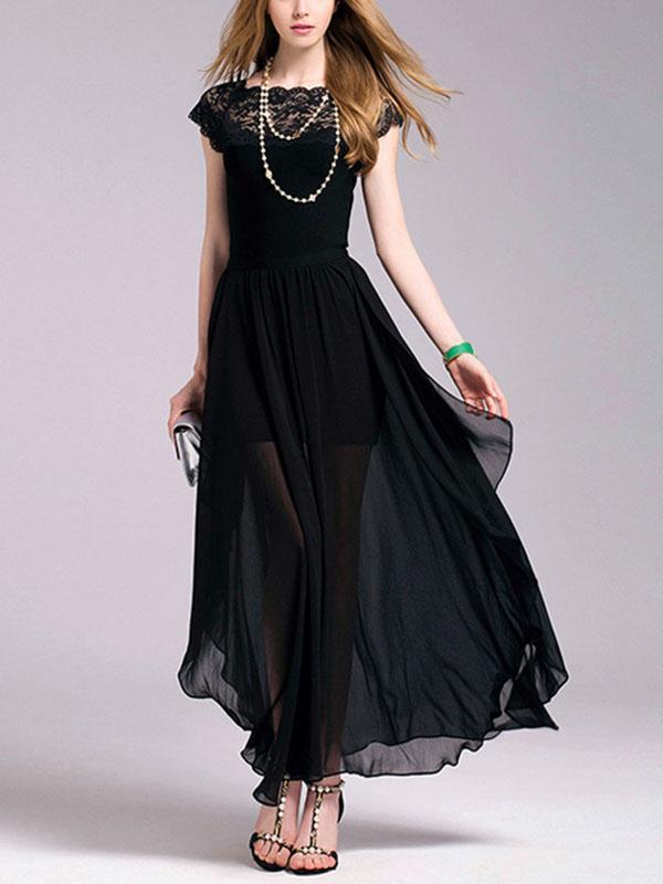 Simple Black Lace Cap Sleeve Maxi Dress Evening Dress