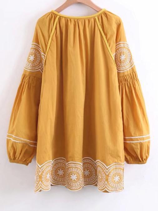 Embroidered Tasseled Puff Sleeves Mini Dress