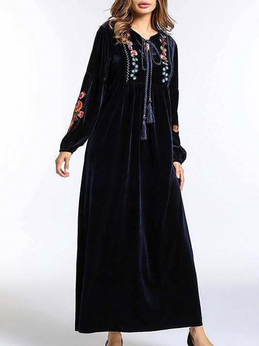 Pleuche Embroidered Raised Bands Kaftan Dress