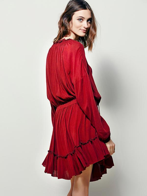 Daily Deep V-Cut Mini Dress in Red and Blue Color