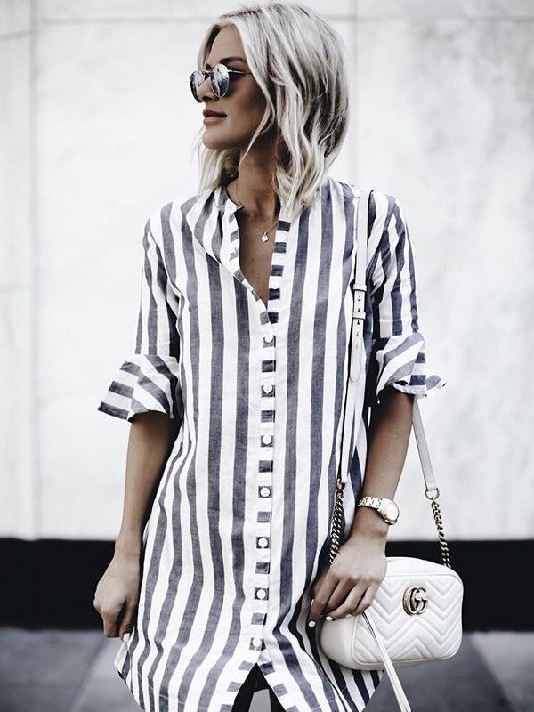 Black and White Stripes Round Collar Casual Blouse