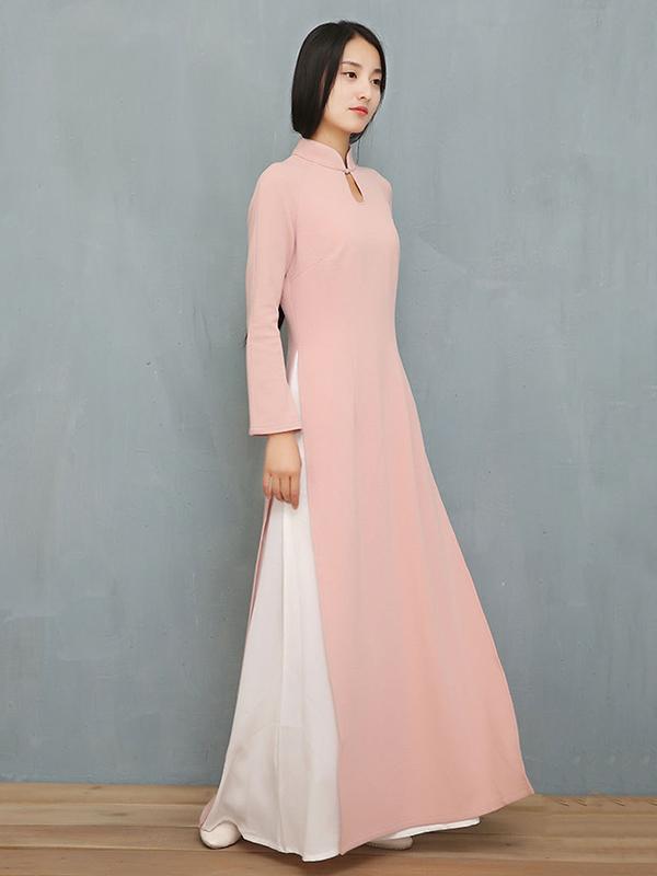 Pink Split-side Long Ao Dai Cheongsam Dress