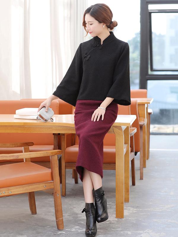 Black Vintage Tradition Cheongsam Tops