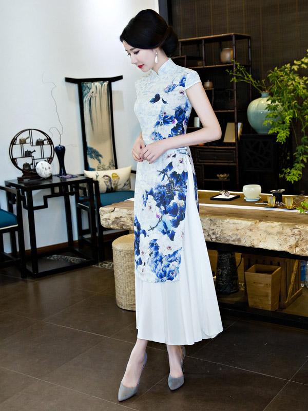White&Blue Flower Split-side Ao Dai Cheongsam