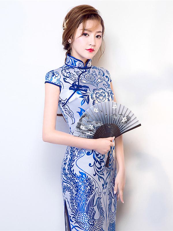 Tradition Blue Long Cheongsam Evening Dress