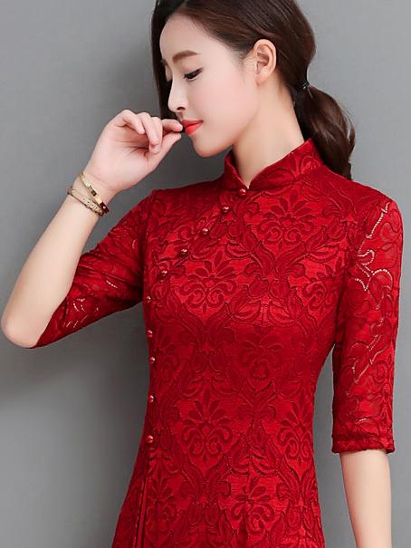 Red&Green Lace A-line Long Cheongsam Ao Dai