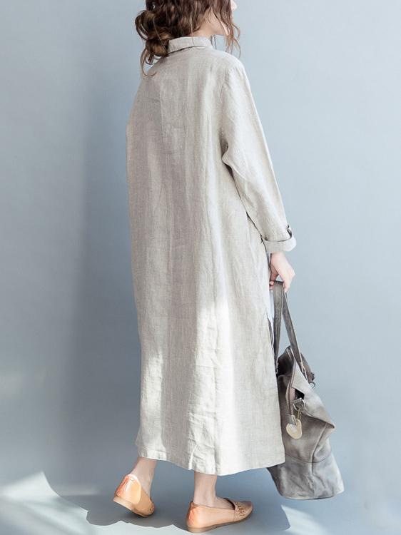 Cotton Long Loose Dress with Natural Sketch Print