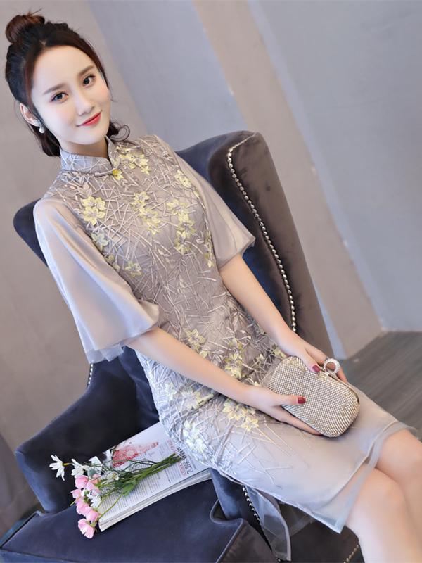 Lace Embroidered Flared Sleeves Short Cheongsam