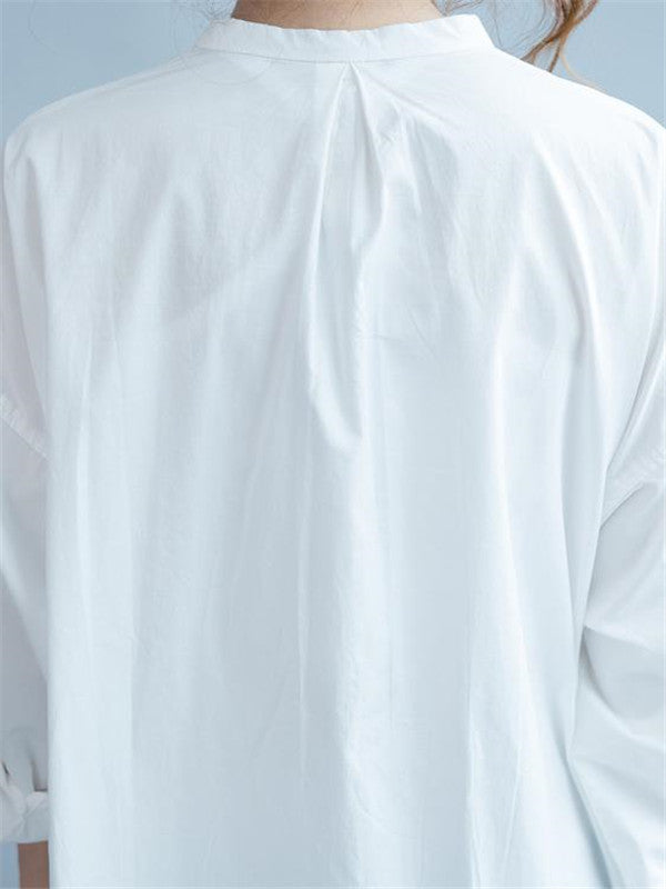 Simple Stand Collar Cotton Long Blouse Dress