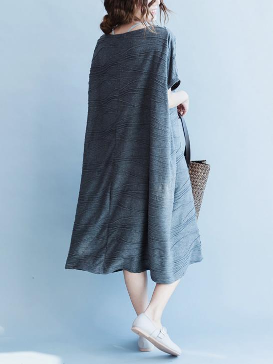 Gray Round-neck Cotton Blend Free Size Long Dress