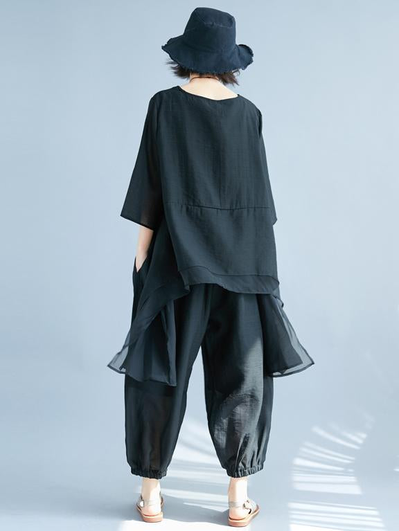 Fashion Casual Loosen Cotton Combo Suit in Black Color