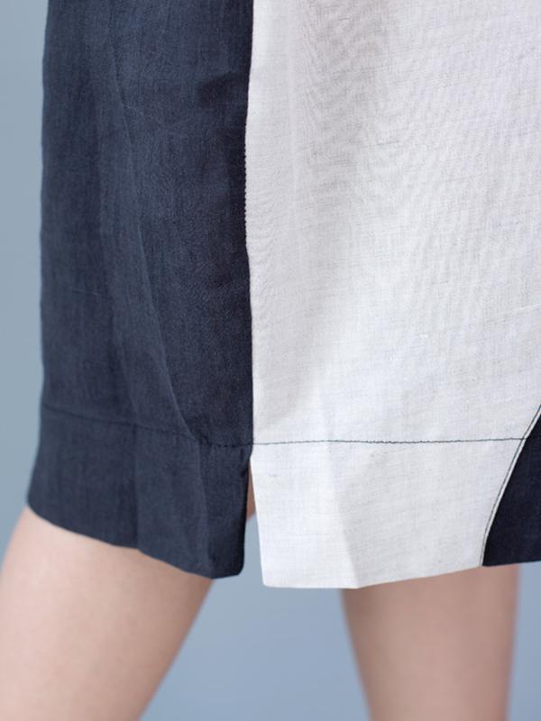 Color-block Split-joint A-line Ramie Cotton Linen Dress