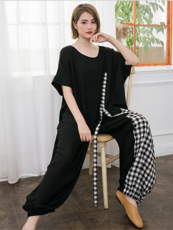 Fashion Loose Mixed Style Split-joint Suit with Round Neck