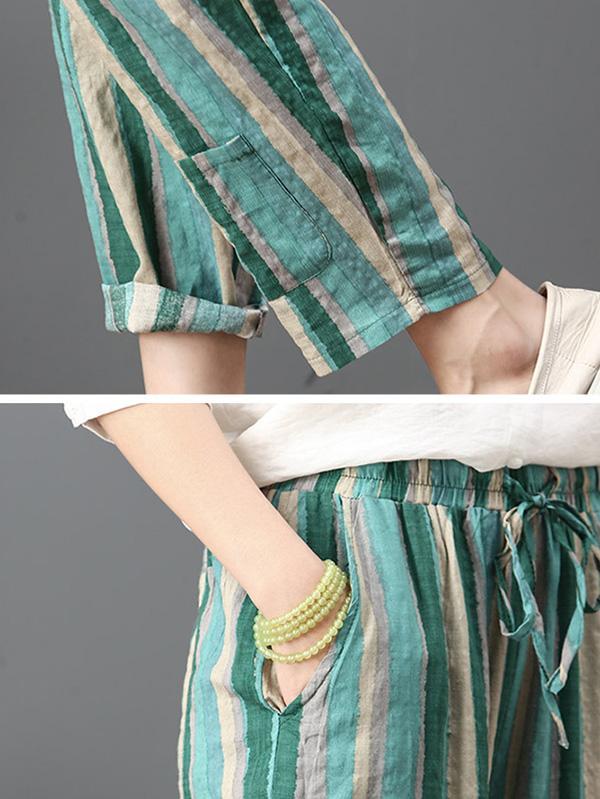 Loose Corlorful Stripe Lace-up Pants