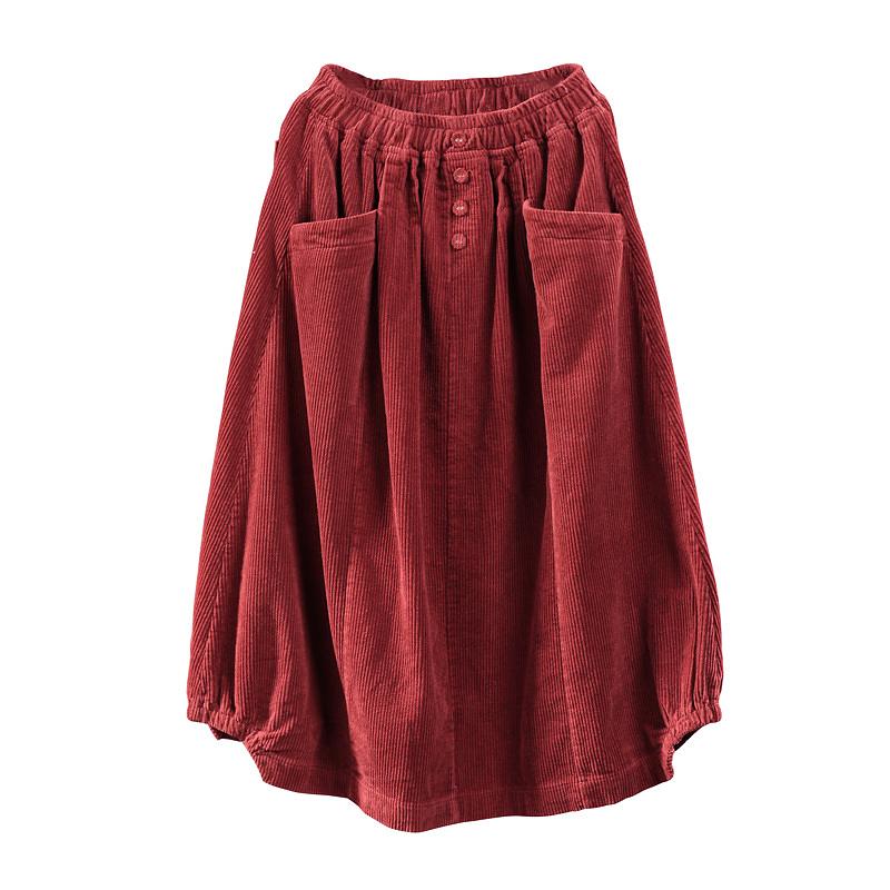 Elastic Waist Calf Length Winter Corduroy Skirt