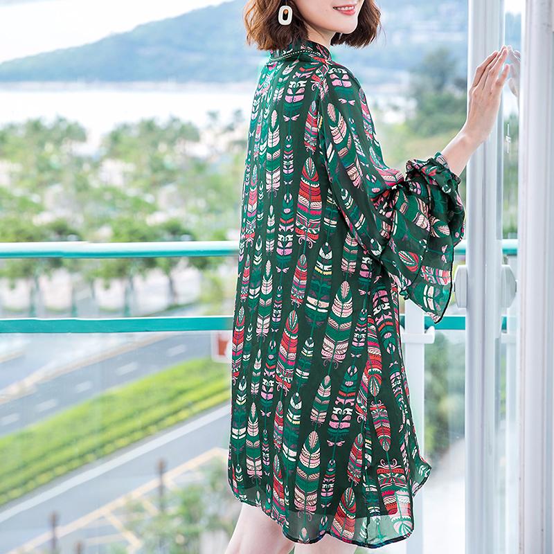 Ruffles Printing Lacing Loose Long Sleeve Mini Dress