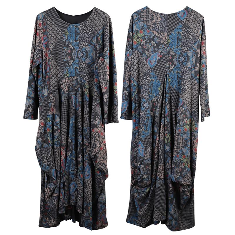 Winter Print Irregular Long Sleeve Dress