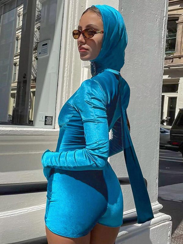 Hooded Blue Long Sleeves With Gloves Rompers