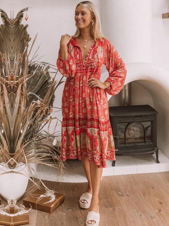 Printed Long Sleeves Lace-up Midi Dress