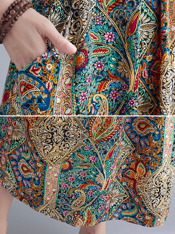 Original Artistic Retro Loose Floral Printed Vacation Midi Dress