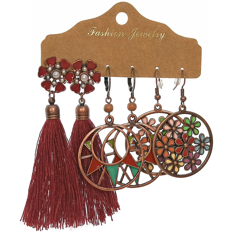 Round metal tassel retro earrings set combination