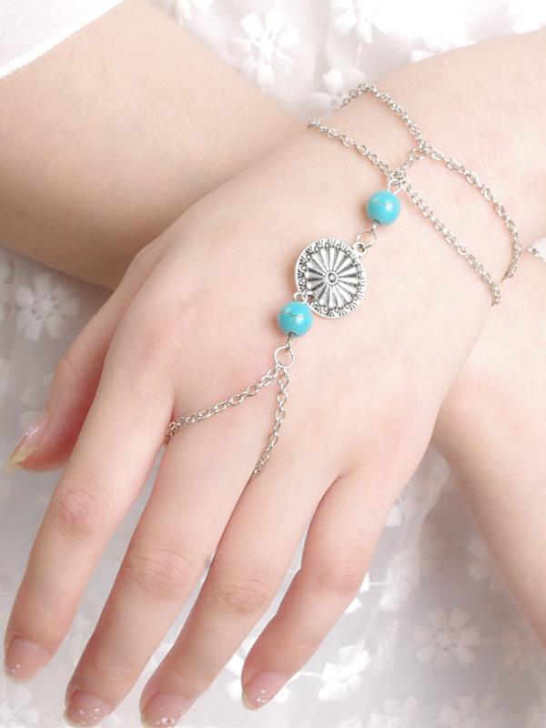 Bohemia Turquoise Flower Disk With Ring Bracelet Accessories