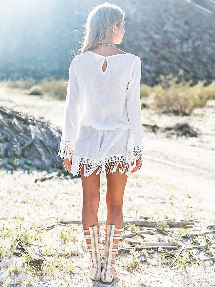 Sexy White with Tassels Big Round Neck Beach Dress Mini Dress
