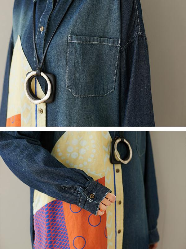 Buykud Personalized Patchwork Asymmetric Loose Denim Shirt