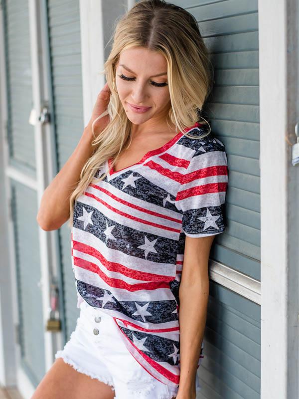 National Flag Printed V-neck Long Women's T-shirt