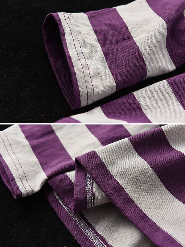 Casual Striped Contrast Color Long Sleeves Doll Collar Loose T-Shirt Tops