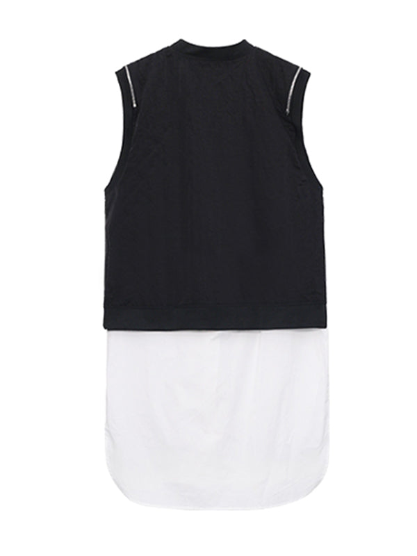 Cool Street Split-Joint Zipper Buttoned Round-Neck Sleeveless False Two Vest Outwear
