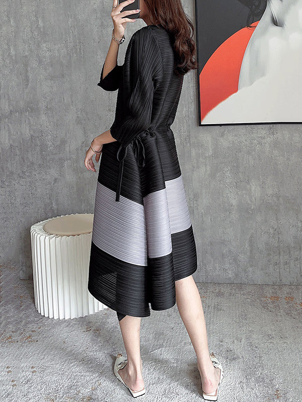 Fashion Irregular Contrast Color Pleated Drawstring Midi Dress