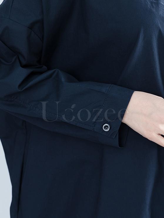 Navy-blue Loose Lapel Cat Print Blouse Dress