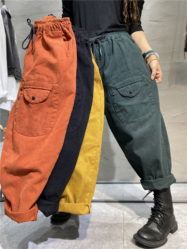 Casual Solid Color With Pockets Drawstring Harem Pants
