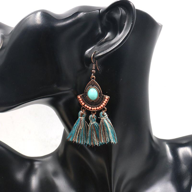 Buykud Bohemian Style Casual Turquoise Tassel Earrings