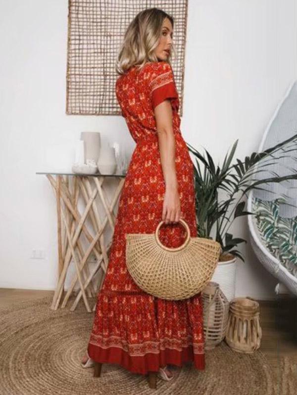 Bow-embellished Printed V-neck Maxi Dresses