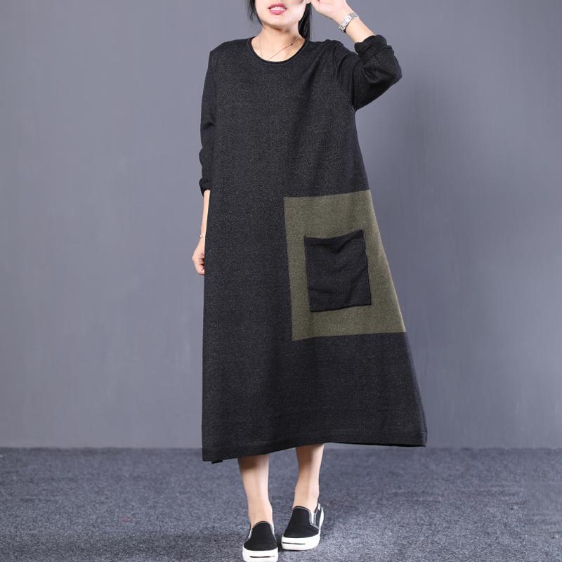 Loose Round Neck Long Knit Sweater Coffee and Black Dress