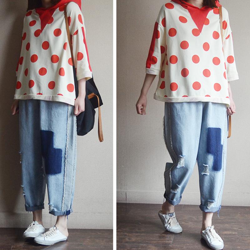 Loose Cotton Dot Hooded Print Blouse