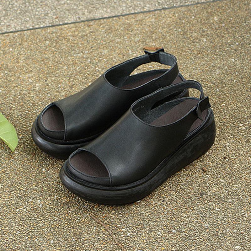 Summer Casual Cow Leather Shoes Black Wedge Heel Sandals