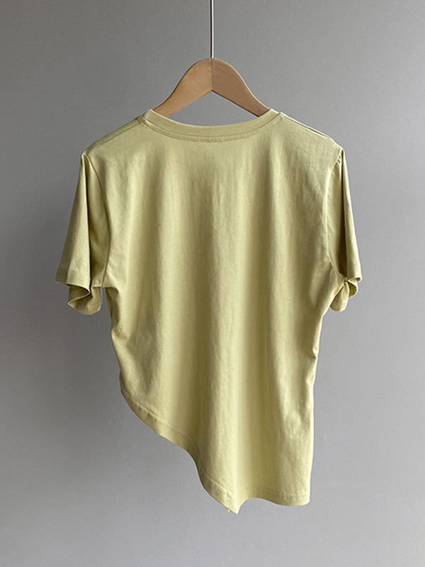 Casual Solid Color Asymmetric Round-Neck Short Sleeves T-Shirt