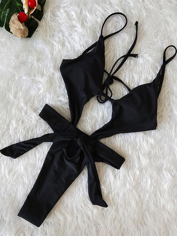Hollow Sexy Bandage Solid One-piece Swimwear