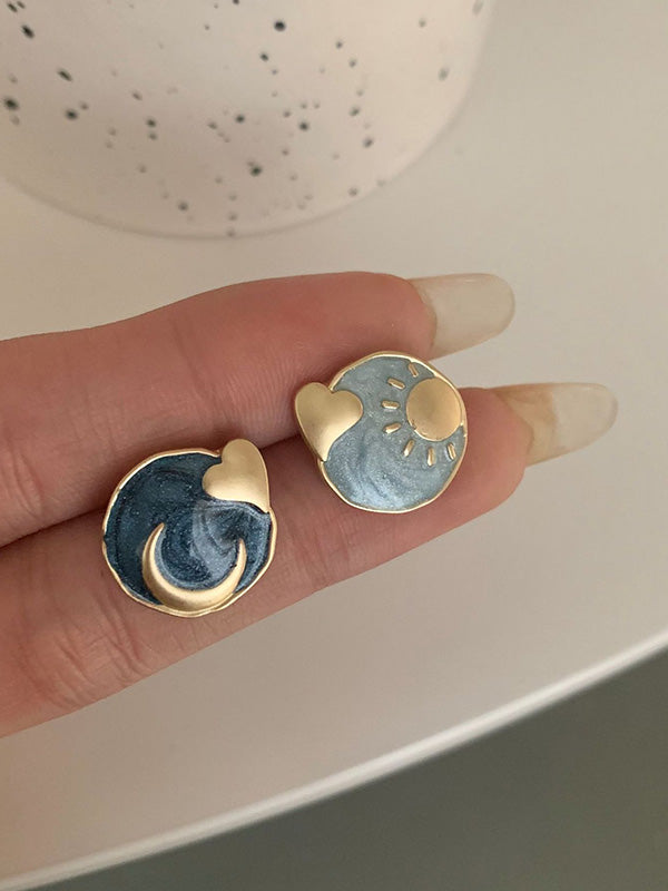 Vintage Asymmetric Sun Moon Shape Earrings