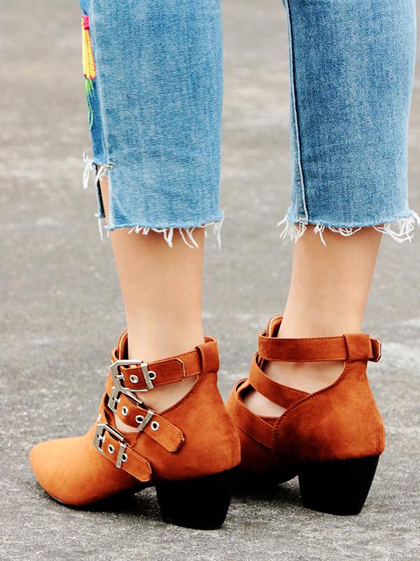 Vintage Hollow Buckle Pointed Booties