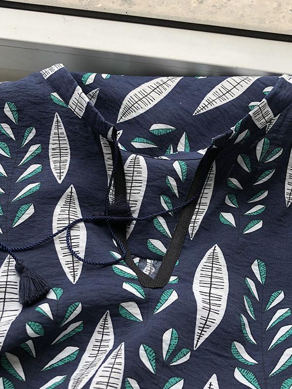 V-neck Leaf Pattern Loose Printed Midi Dresses