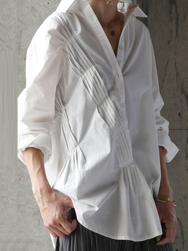 Original Irregular Pleated Solid Color Buttoned Lapel Collar Long Sleeves Blouse