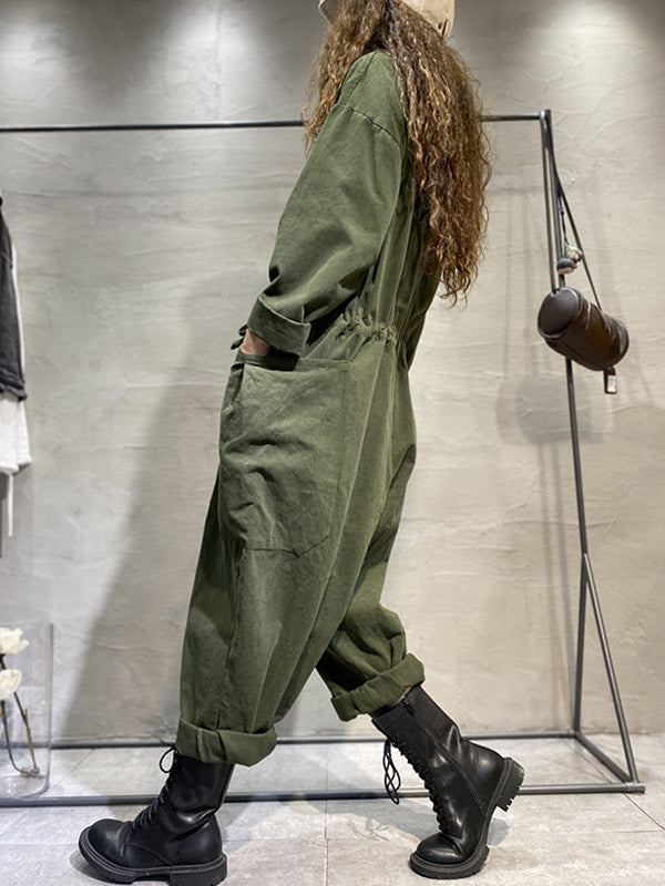 Fashion Long Sleeves Lapel Solid Color Jumpsuits